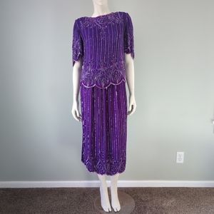 Vintage Scala Royal Purple Silk Art Deco Beaded Two Piece Skirt Set S